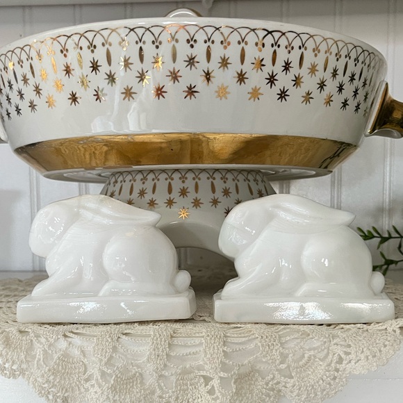 Vintage Heisey Glass Rabbit Bookends White Opal Milk Glass MCM Weighted Pair - Picture 10 of 16